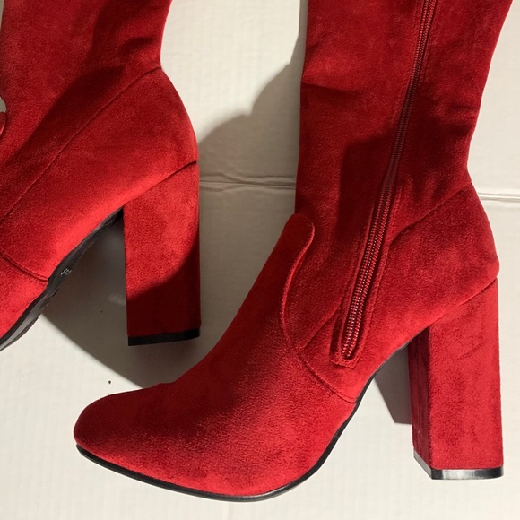 NEW CHERRY RED FAUX SUEDE THIGH HIGH BOOTS - Picture 1 of 10